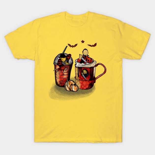 Skeleton Coffee Cups horror T-Shirt by kumtulmabur